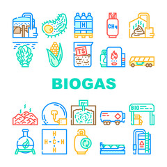 Biogas Energy Fuel Collection Icons Set Vector. Biogas Refueling Station And Cylinder, Corn And Algae Natural Ingredient Of Gas, Methane And Hydrogen Concept Linear Pictograms. Contour Illustrations - obrazy, fototapety, plakaty
