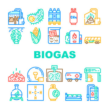Biogas Energy Fuel Collection Icons Set Vector. Biogas Refueling Station And Cylinder, Corn And Algae Natural Ingredient Of Gas, Methane And Hydrogen Concept Linear Pictograms. Contour Illustrations