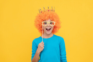 wow. funny child in party glasses. selfish teen girl in tiara. pageant. april fools day.