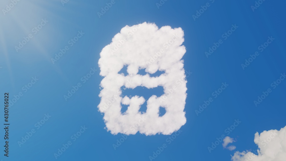 Poster 3d rendering of white clouds in shape of symbol of sim card on blue sky with sun