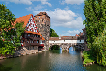 Fototapeta na wymiar View of Hangman’s Bridge spanning the Pegnitz River in Nuremberg City, Germany,