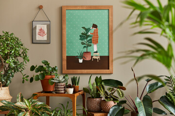Stylish botany composition of home garden interior with wooden mock up poster frame, filled a lot...