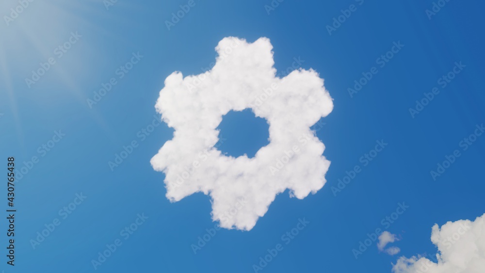 Poster 3d rendering of white clouds in shape of symbol of settings on blue sky with sun