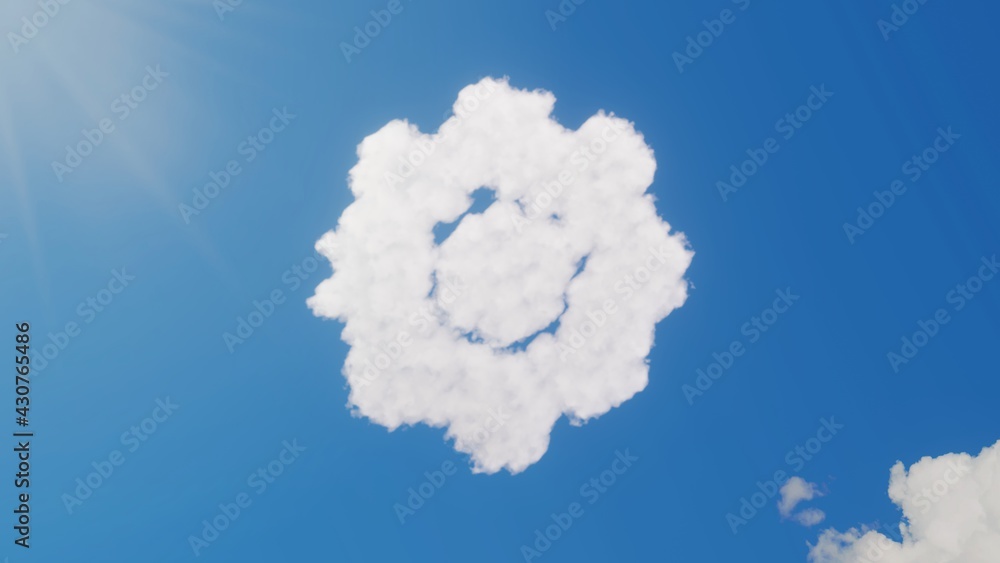 Poster 3d rendering of white clouds in shape of symbol of settings on blue sky with sun