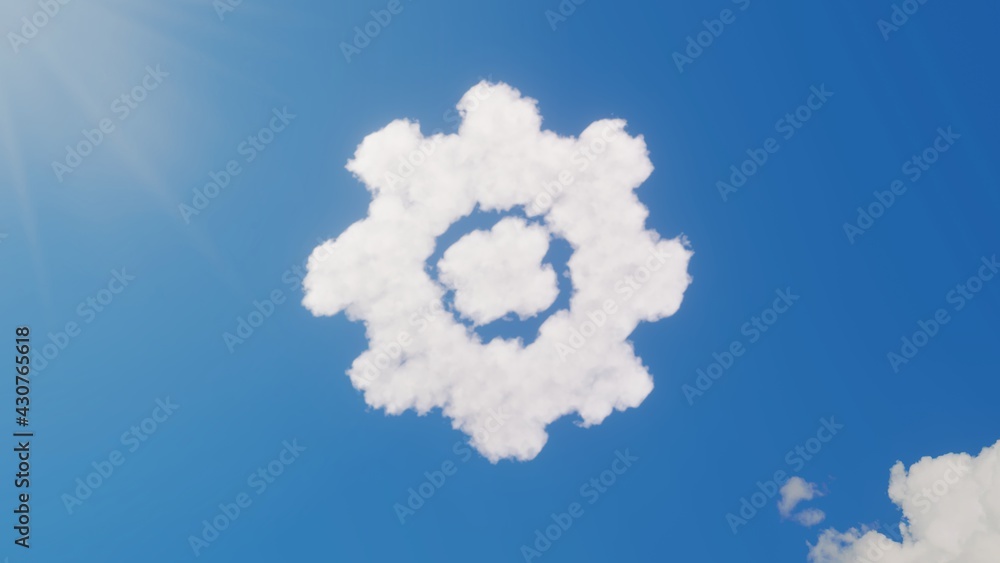 Poster 3d rendering of white clouds in shape of symbol of settings on blue sky with sun