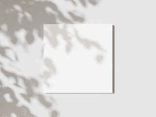 Empty white square poster mockup with soft hawthorn leaves shadows on neutral light grey concrete wall background. Flat lay, top view 3D illustration - obrazy, fototapety, plakaty