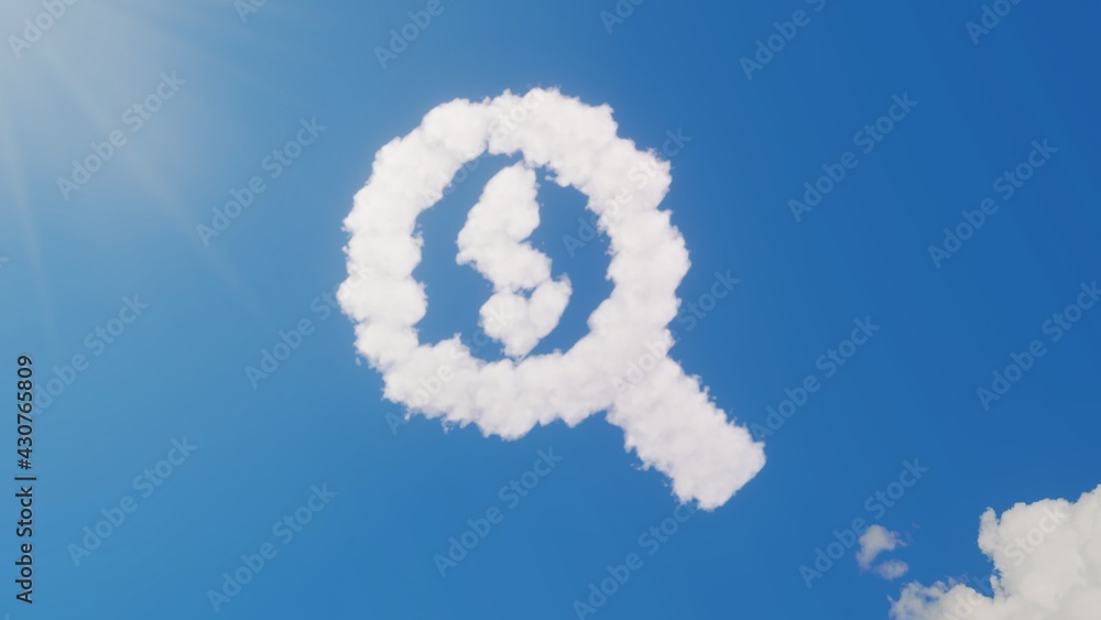 Poster 3d rendering of white clouds in shape of symbol of search dollar on blue sky with sun