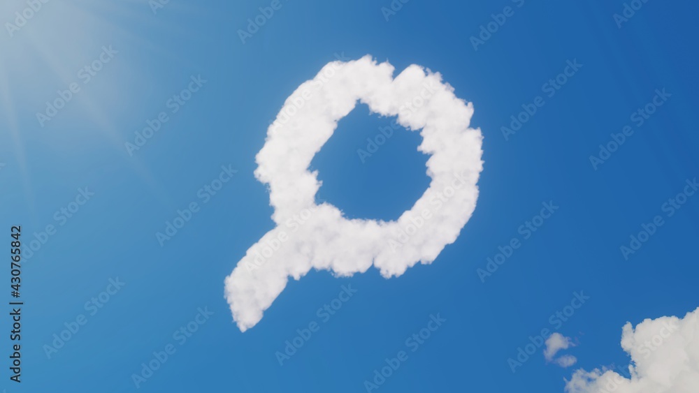 Poster 3d rendering of white clouds in shape of symbol of search on blue sky with sun
