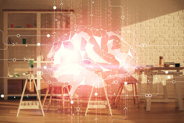 Multi exposure of brain drawing and office interior background. Concept of data technology.
