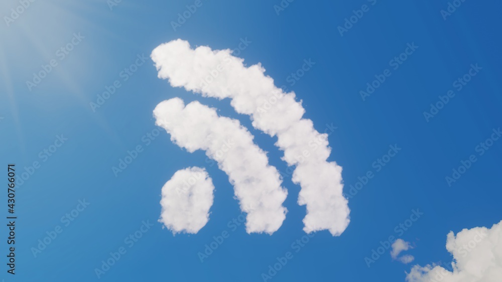 Poster 3d rendering of white clouds in shape of symbol of rss on blue sky with sun