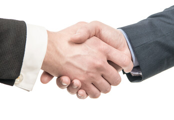 Male hands shaking as formal greeting business etiquette isolated on white, handshake