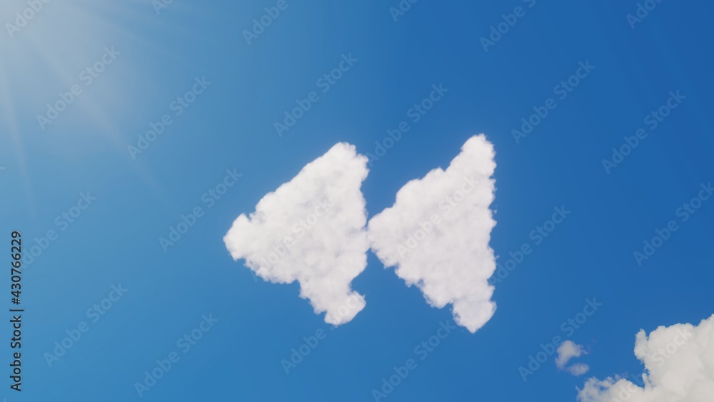Poster 3d rendering of white clouds in shape of symbol of rewind on blue sky with sun