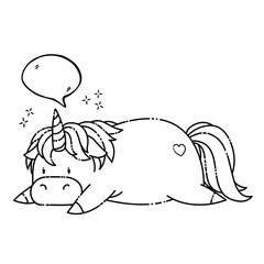 Cute hand drawn cartoon unicorn with speech bubble. Vector illustration in black outline on a white background for designing baby clothes, kid print, posters, stickers, coloring page