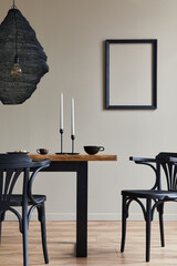 Minimalist rustic concept of dining room interior with wooden family table, design retro chairs,...