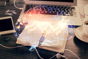 Multi exposure of brain drawings and desk with open notebook background. Concept of AI
