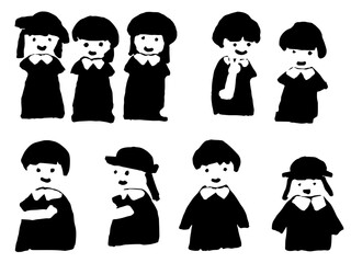 制服の園児たちの上半身、切り絵風イラスト