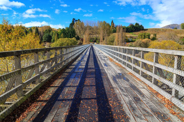 The historic Shotover Bridge, built in 1871, over the Shotover River, New Zealand. Photographed in...