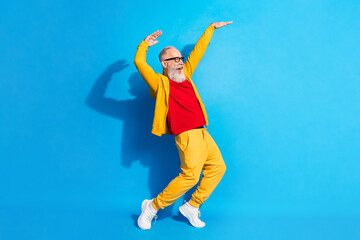 Full size profile side photo of funky funny crazy smiling grandfather look copyspace dancing...