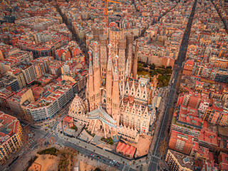 The Cathedral of La Sagrada Familia by the architect Antonio Gaudi, Catalonia, Barcelona Spain - April  2021. Aerial view