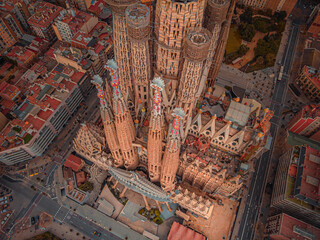 The Cathedral of La Sagrada Familia by the architect Antonio Gaudi, Catalonia, Barcelona Spain - April  2021. Aerial view