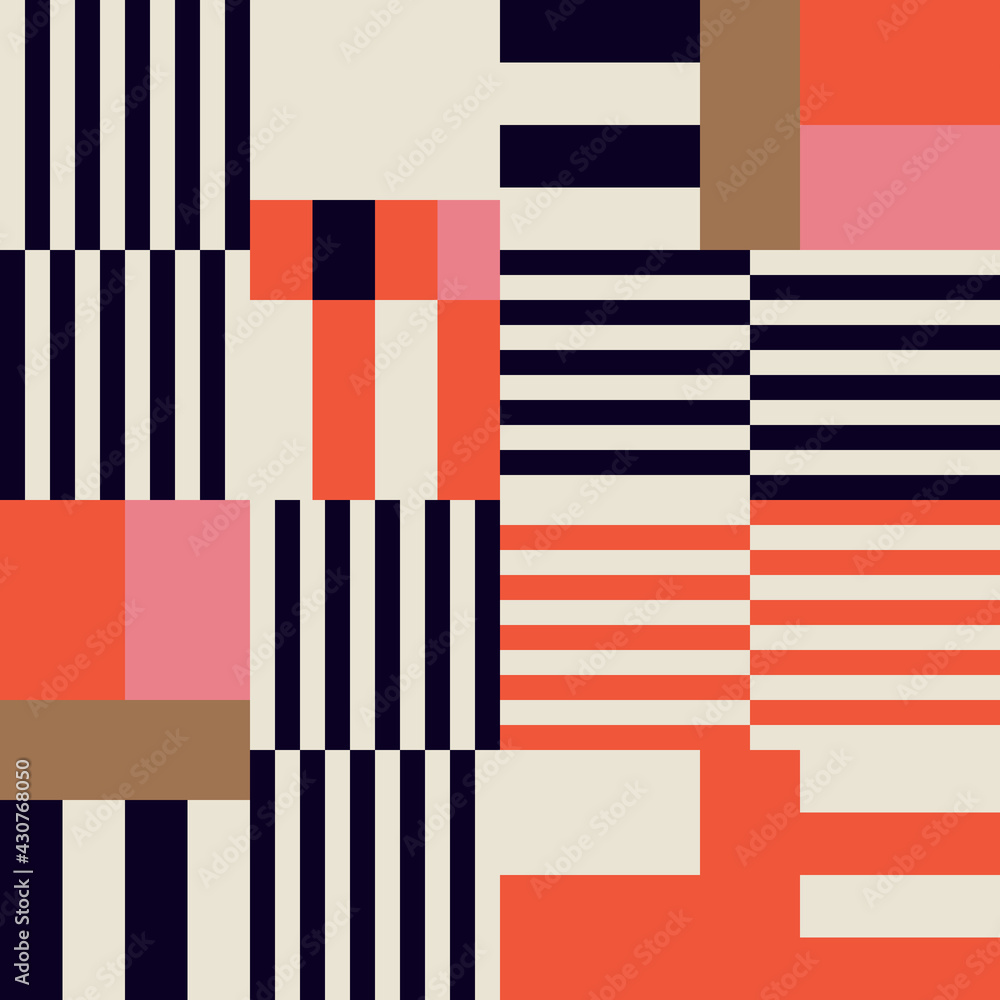Leinwandbilder Modern vector abstract  geometric seamless pattern, background with stripes, rectangles and squares  in retro scandinavian style. Pastel colored simple shapes graphic pattern. Abstract mosaic artwork.