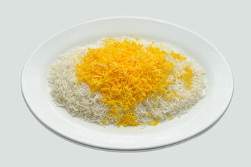Steamed yellow and white rice served in white ceramic plate, Steamed yellow rice and white rice, Beautiful steamed rice photography with white background