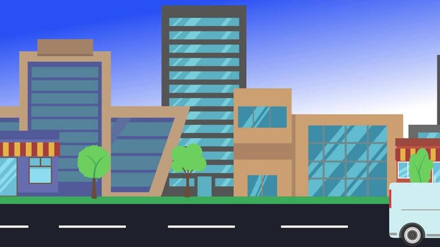 cars driving rides around city, 2d animation, flat design background