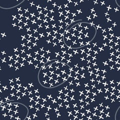 Hand drawn doodle little x-signs. Abstract contemporary modern trendy vector illustration. Monochrome seamless pattern on dark blue background.