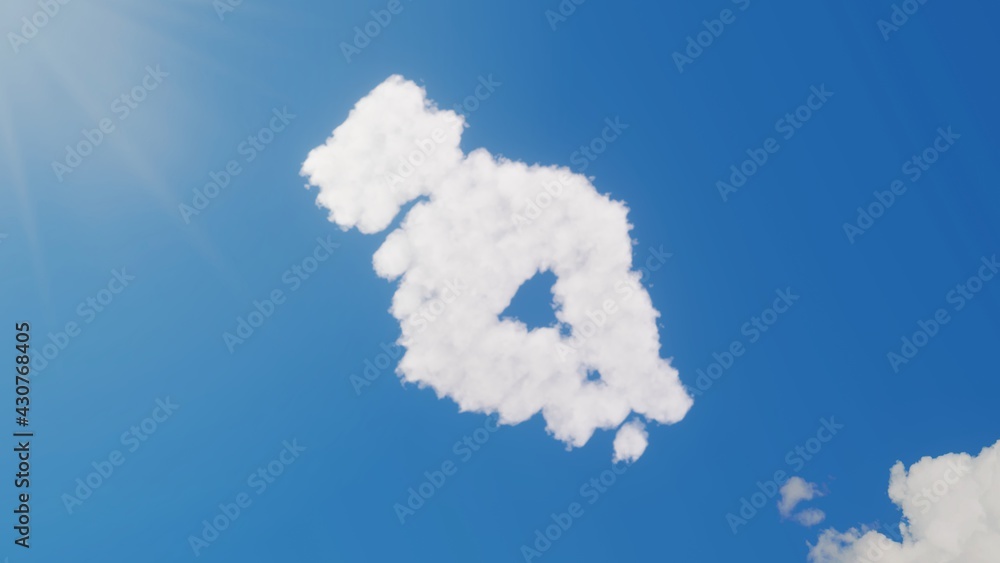 Poster 3d rendering of white clouds in shape of symbol of pen nib on blue sky with sun