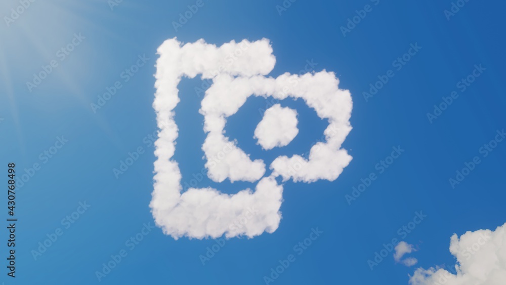 Poster 3d rendering of white clouds in shape of symbol of payment method on blue sky with sun