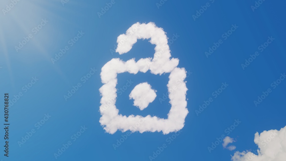 Poster 3d rendering of white clouds in shape of symbol of open on blue sky with sun