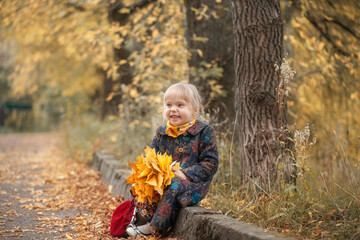 Portrait of a smiling happy child girl, holding in her hand a bouquet of autumn yellow maple leaves...