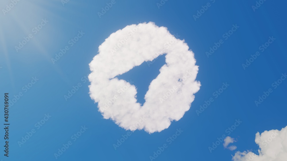 Poster 3d rendering of white clouds in shape of symbol of navigation on blue sky with sun