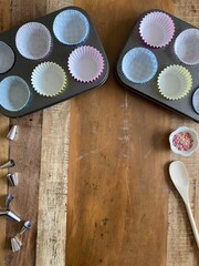 baking cakes background on wooden table 