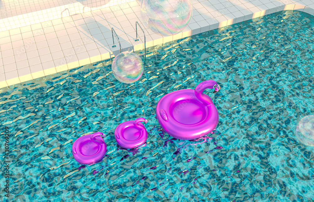 Fototapete summer beach scene background with pink inflatable flamingo pool float. 3d rendering.