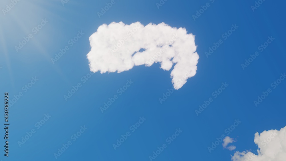 Poster 3d rendering of white clouds in shape of symbol of music player on blue sky with sun