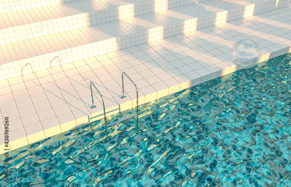 Poster summer pool scene background with white tiles stairs. 3d rendering.