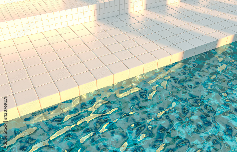 Poster summer pool scene background with white tiles stairs. 3d rendering.