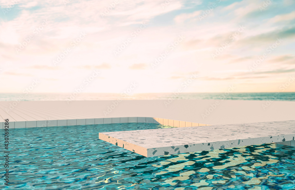 Fototapete summer beach scene background with terrazzo podium for product display. 3d rendering.
