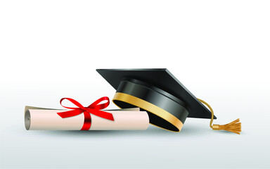 High school or university graduate hat isolated on white background 3d vector graduation ceremony cap student cap black education And a certificate rolled up with a red bow - obrazy, fototapety, plakaty