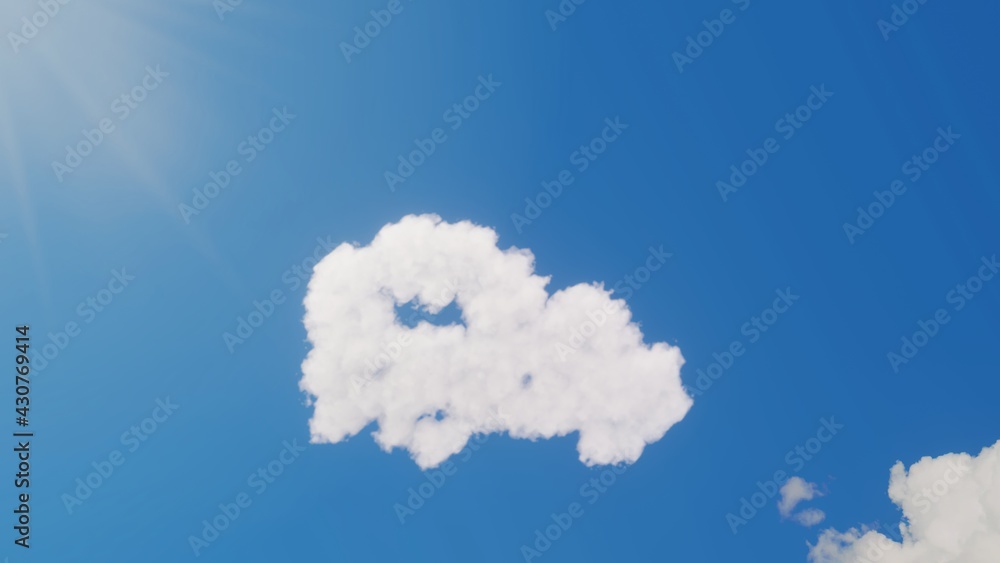 Poster 3d rendering of white clouds in shape of symbol of moving on blue sky with sun