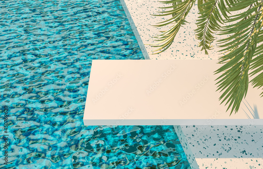 Fototapete summer pool scene background with white board podium and palm leaves.. 3d rendering.