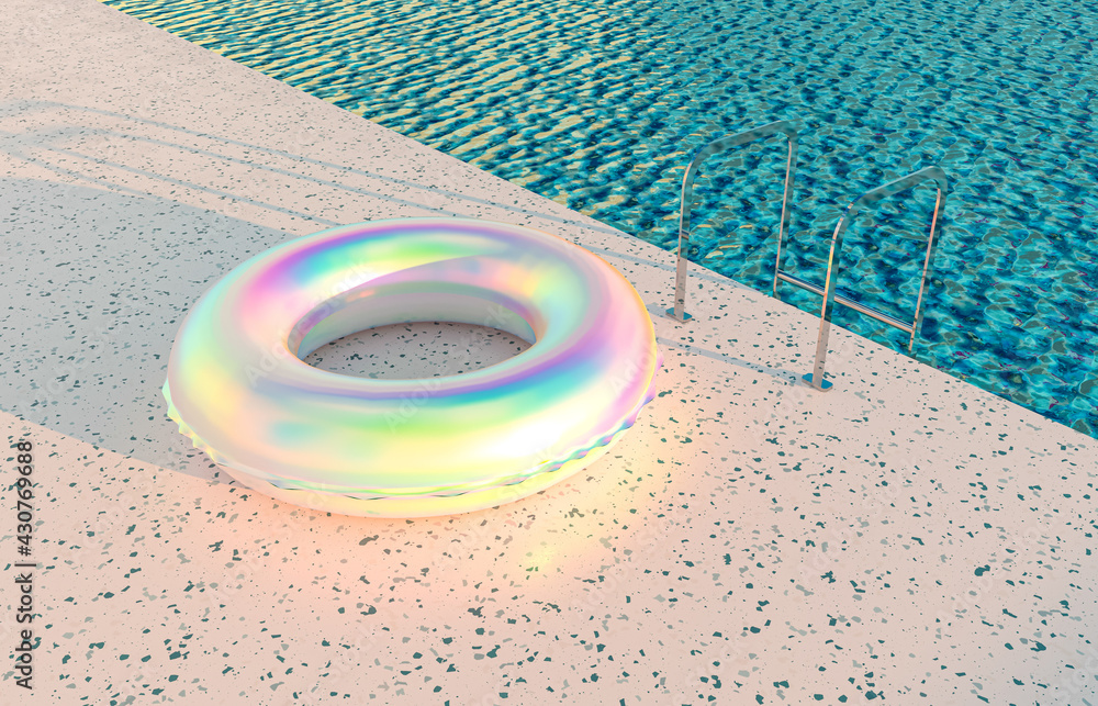 Leinwandbilder Summer pool scene background with holographic Inflatable ring Pool Float. 3d rendering.