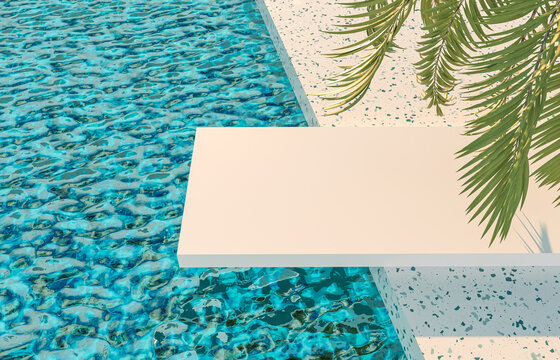 Summer pool scene background with white board podium and palm leaves.. 3d rendering.