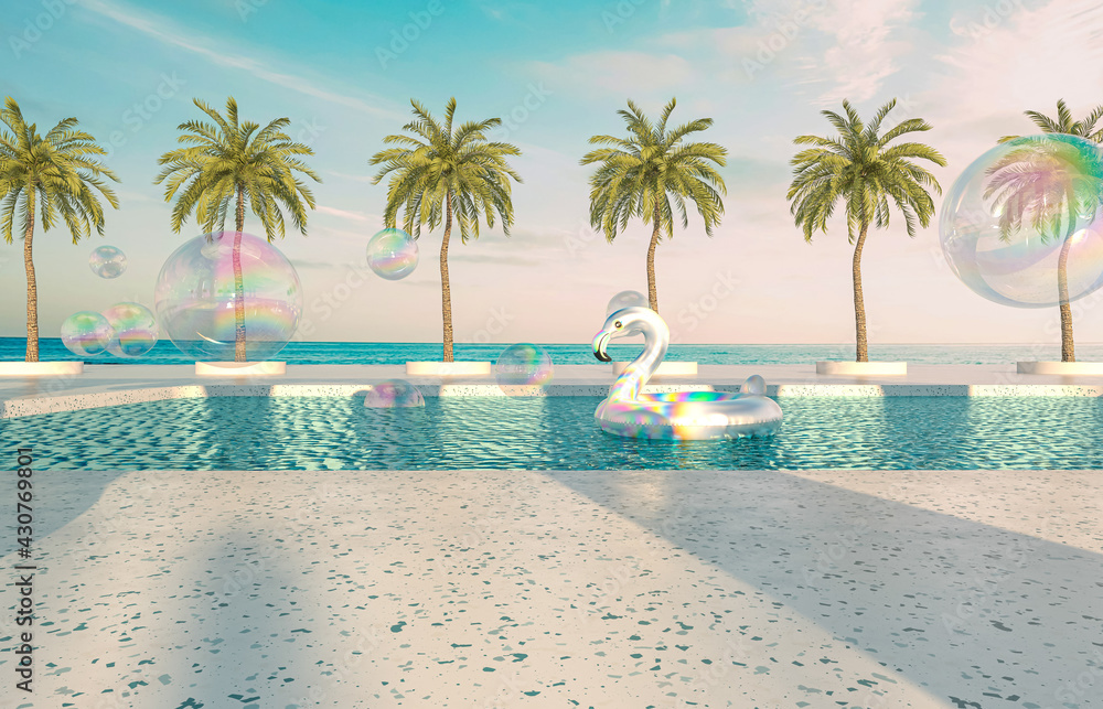Fototapete summer beach scene background with terrazzo podium for product display. 3d rendering.