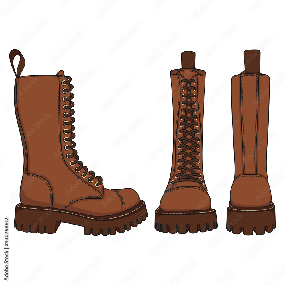 Poster set of color illustrations with brown boots, high boots with laces. isolated vector objects on white