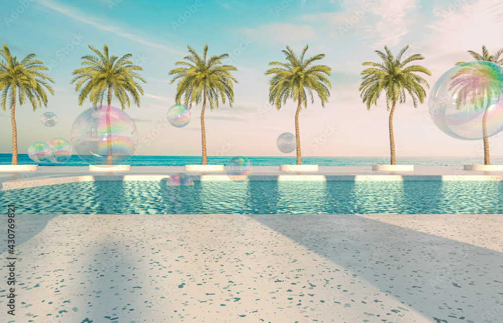 Fototapete summer beach scene background with terrazzo podium for product display. 3d rendering.
