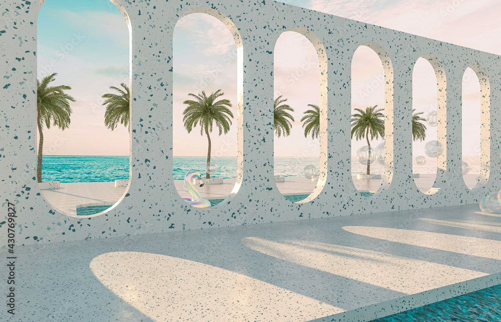 Aufkleber Summer beach scene background with terrazzo podium for product display. 3d rendering.
