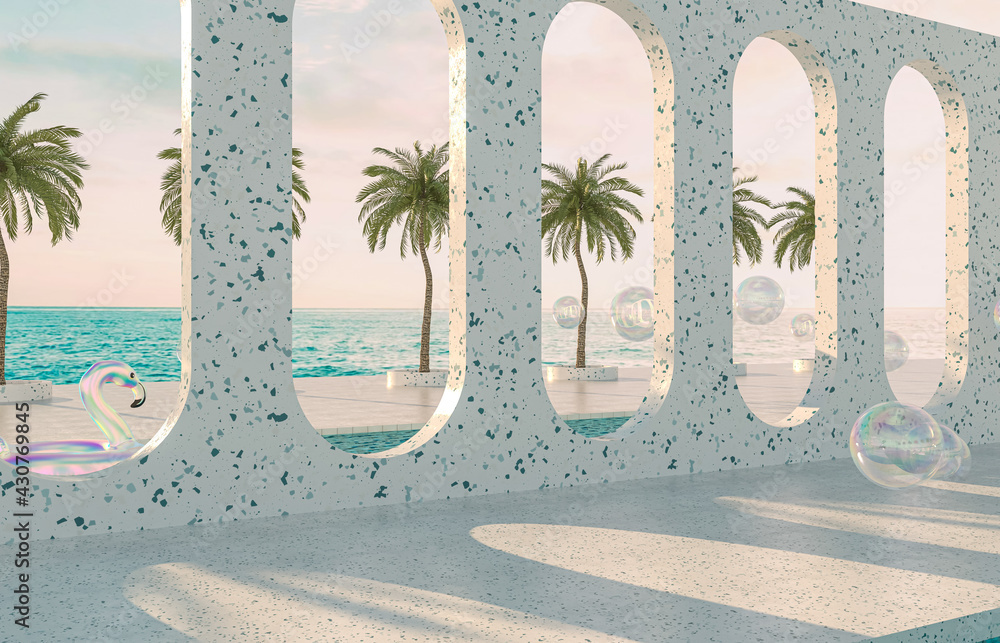 Fototapete summer beach scene background with terrazzo podium for product display. 3d rendering.