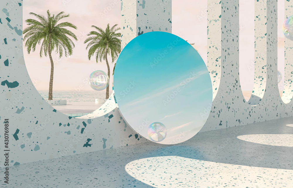 Fototapete summer beach scene background with mirror reflect the sky. 3d rendering.